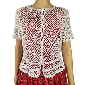 Vtg 1990s Knit White Crochet Button Up Cardigan Boho Cottagecore CoastalGrandma